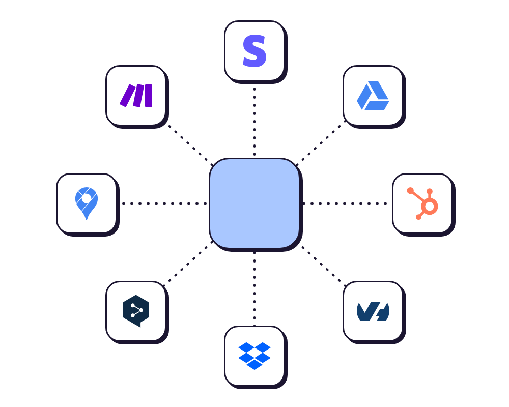 Un site au centre, relié par des pointillés aux logos de Stripe, Google Drive, HubSpot, OVHcloud, Dropbox, DeepL, Google Maps et Make.