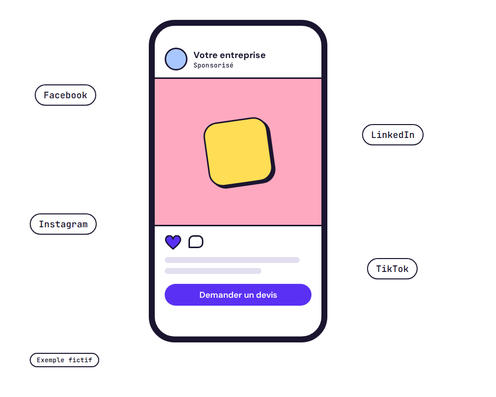 Exemple fictif : une publication sponsorisée sur un téléphone, avec un bouton « Demander un devis ».