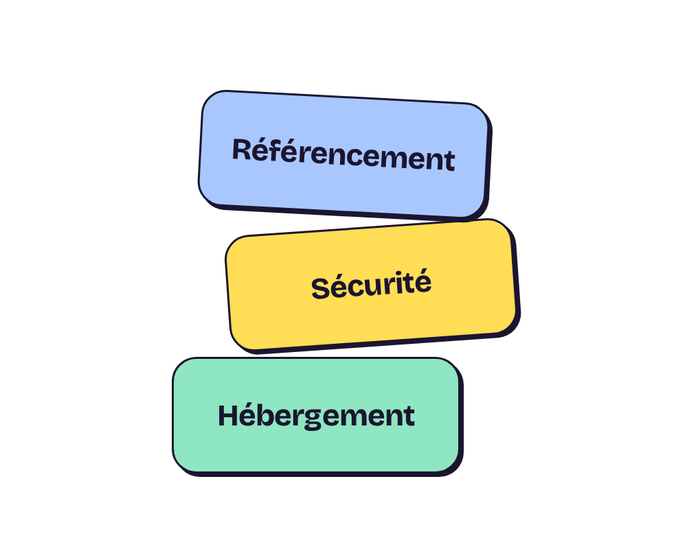 Trois morceaux de sucre empilés : référencement, sécurité, hébergement.