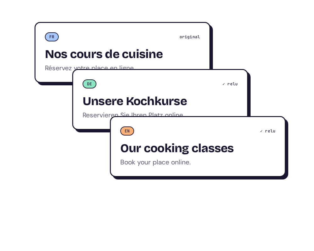 La même page en français, en allemand et en anglais, les traductions marquées comme relues.