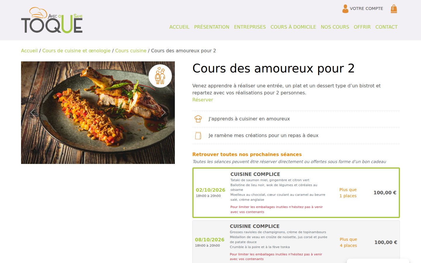 Capture : un cours de cuisine, ses sessions datées et les places restantes